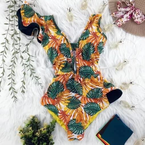 Tropical Leaf Ruffle One-Piece Swimsuit